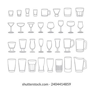 Colección de gafas de bar. Diferente tipo de cristalería en línea delgada. Página Coloración de objetos. Dibujo gráfico de vector plano