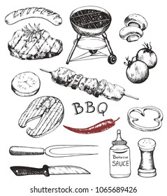 Collection of the barbecue doodles, different objects: drinks, food, meat and vegetables, different tools and instruments, spices etc. Line art illustrations.