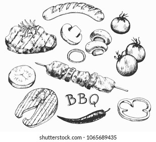Collection of the barbecue doodles, different objects: drinks, food, meat and vegetables, different tools and instruments, spices etc. Line art illustrations.