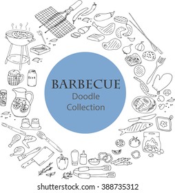 Collection of the barbecue doodles, different objects: drinks, food, meat and vegetables, different tools and instruments, spices etc. Line art illustrations.