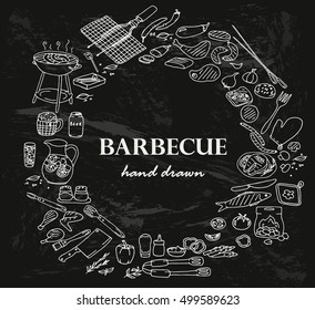 Collection of the barbecue doodles on the black background, different objects: drinks, food, meat and vegetables, different tools and instruments, spices etc. Line art illustrations.