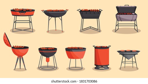 Collection of barbecue or grillbarbecue. Picnic camping cooking. BBQ party. Traditional cooking food, restaurant menu icons. Grills on hot coals. Delicious grilled meat or sausages