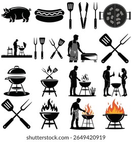 Collection of barbecue and grilling icons with people and food silhouette