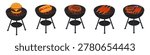 Collection of barbecue grills with burger, hot dog, steak and sausages in flat cartoon food style