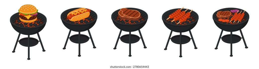 Collection of barbecue grills with burger, hot dog, steak and sausages in flat cartoon food style