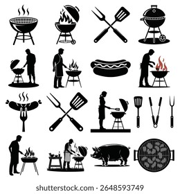 Collection of barbecue icons and silhouettes for grilling and cooking