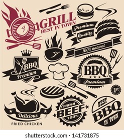 Collection of barbecue vector signs, symbols, logos, icons and design elements. Grill food badges, stickers and labels set.