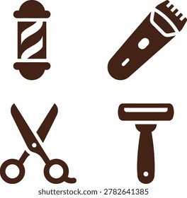 A collection of barber tools including scissors, clippers, and a razor on a clean background
