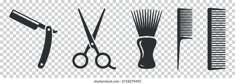 Una colección de herramientas de peluquero que incluye un cepillo de tijeras de afeitar recto y varios peines para el cabello mostrados