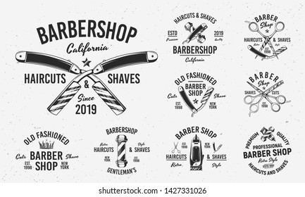 Collection of Barbershop emblems, labels, badges. Set of 9 logo templates. Trendy monochrome style. Vector templates