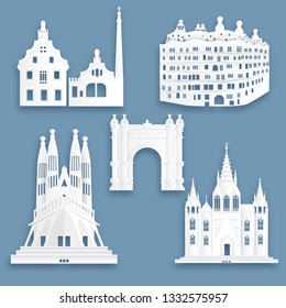 Collection of Barcelona, Spain famous landmarks in paper cut style vector illustration.