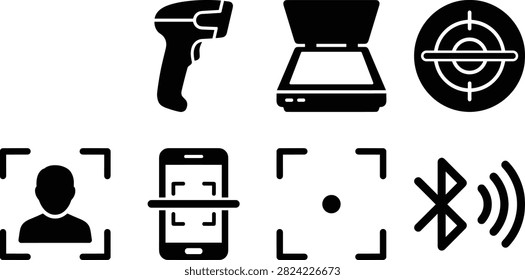 Collection of barcode scanner, QR code, RFID, Bluetooth, biometric, and identification technology silhouette icons for retail, inventory, logistics, and digital authentication. Ideal for mobile apps, POS systems, warehouses, security platforms, presentations, and user interface design.
