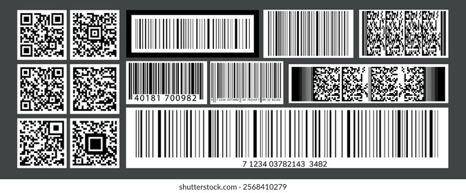 A collection of barcodes and QR codes in various styles. Barcodes and QR codes are shown in different formats. Barcodes and QR codes on a gray background. Electronic payment elements, vector set.