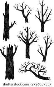 Colección de siluetas de árbol desnudo y tronco roto en un estilo de Ilustración vectorial dibujado a mano perfecto para obras de arte de Diseño gráfico