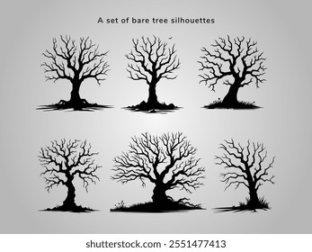 A collection of bare tree silhouettes, perfect for creating a spooky or eerie atmosphere. Can be used for Halloween-themed and gothic illustration.