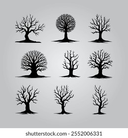 A collection of bare tree silhouettes, perfect for creating a spooky or eerie atmosphere. Can be used for Halloween-themed and gothic illustration.