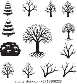 Coleção árvores nuas de tamanhos de formas para o projeto de cena da floresta de inverno