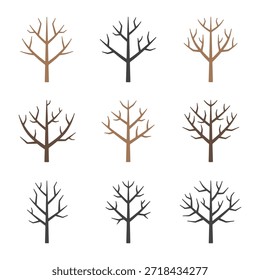 Collection of bare winter tree silhouettes with leafless branches for nature environment design.