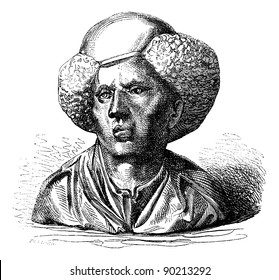 Collection of Baron Davillier. - Bronze bust of Andrea Briosco, Riccio said, by itself, vintage engraved illustration. Magasin Pittoresque 1875.