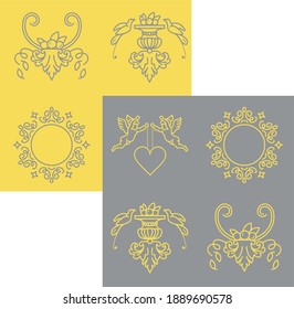 Colección de elementos decorativos barrocos aislados en un fondo opuesto. Elegancia amarilla y gris motivos reales iconos de contorno vectorial conjunto 