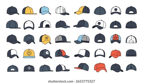 Collection of baseball caps and hats in various styles and colors represented in pixel art