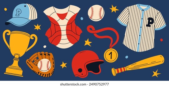 Collection of baseball equipment and clothes. Uniform, glove, helmet, cap, bat, ball and awards isolated on dark background.