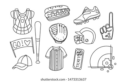 Collection of Baseball Equipment, Hand Drawn Monochrome Baseball Attributes and Gear, Glove, Bat, Helmet, Cap, Ball, Field Vector Illustration