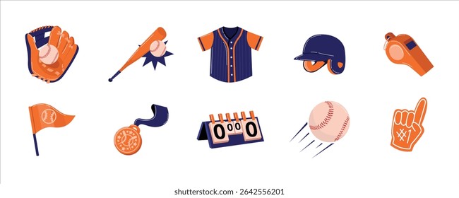 Collection of Baseball Equipment, Baseball Vector Set. Baseball equipment including gear, apparel, and equipment