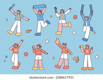 A collection of baseball fans cheering in a cute, minimal hand-drawn style. Includes enthusiastic supporters holding banners, clappers, foam fingers, and taking selfies. 