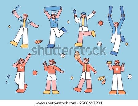 A collection of baseball fans cheering in a cute, minimal hand-drawn style. Includes enthusiastic supporters holding banners, clappers, foam fingers, and taking selfies. 