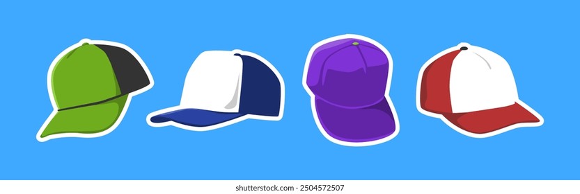 Colección de sombrero de béisbol o sombrero de camionero con estilo plano. Aislado sobre fondo azul. Ilustración vectorial.