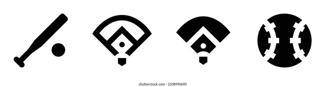 Collection of Baseball icons. Black flat icon set isolated on white Background