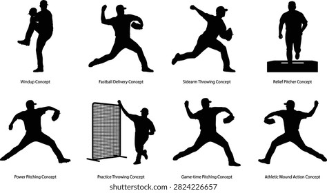 Collection of baseball pitcher silhouette icons featuring windup, fastball delivery, sidearm throw, bullpen practice, and game action poses. Ideal for sports branding, coaching materials, training programs, athletic websites, and baseball-related design projects.