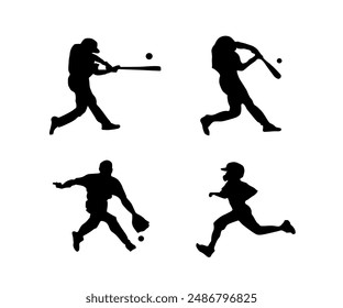 Collection of baseball player silhouettes Set of baseball player silhouette design. softball sign and symbol. sport vector illustration.