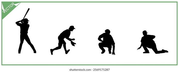 Collection of baseball player silhouettes. Sport, hobby. Different poses. Vector illustration.