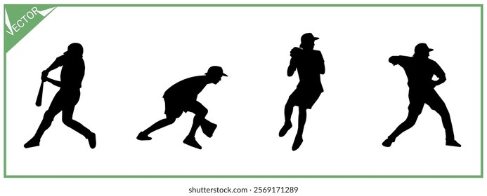 Collection of baseball player silhouettes. Sport, hobby. Different poses. Vector illustration.