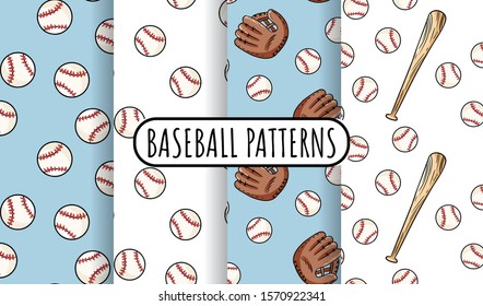 Collection of baseball seamless patterns. Cute doodles hand drawn baseballs background tiles set