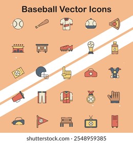 Collection of baseball vector icons depicting equipment and gameplay ideal for sports and outdoor themes.