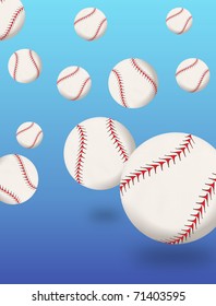Collection of baseballs bouncing on a plain blue background