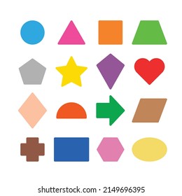 Collection of basic 2D shapes for kids learning, colorful geometric shape flash cards for preschool and kindergarten. Illustration of a simple 2 dimensional flat shape symbol set for education.