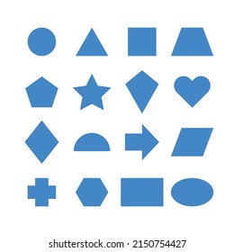 Collection of basic 2D shapes for kids learning, blue geometric shape flash cards for preschool and kindergarten. Illustration of a simple 2 dimensional flat shape symbol set for education.