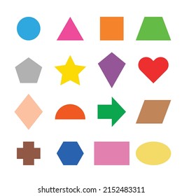 Collection of basic 2D shapes for kids learning, colorful geometric shape flash cards for preschool and kindergarten. Illustration of a simple 2 dimensional flat shape symbol set for education.