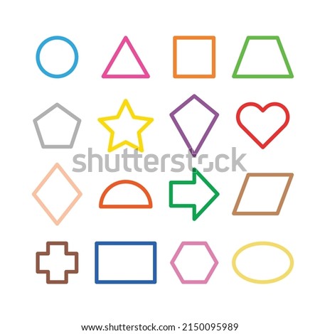 Collection of basic 2D shapes for kids learning, colorful geometric shape flash cards for preschool and kindergarten. Illustration of a simple 2 dimensional flat shape symbol set for education.