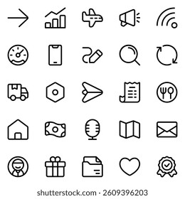 Collection of Basic Essential Related Vector Line Icons. Contains Icons like Arrow, Trash Can, Graph, Credit Card and more. Editable stroke. 48x48 pixels