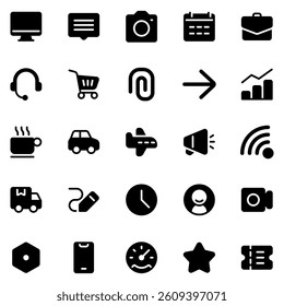 Collection of Basic Essential Related Vector Solid Icons. Contains Icons like Arrow, Trash Can, Graph, Credit Card and more. Editable stroke. 48x48 pixels