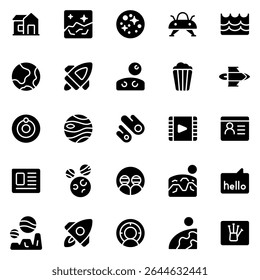 Collection of Basic Extrateresstrial Related Vector solid Icons. Contains Icons like Alien, Planet, Earth, Sun and more. Editable stroke. 48x48 pixels