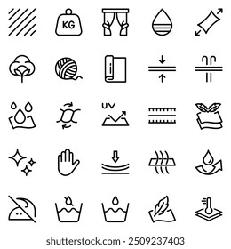Collection of Basic Fabric Properties Related Vector Line Icons. Contains Icons like Texture, Shine, Opacity, Stretch and more. Editable stroke. 48x48 pixels