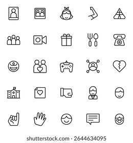 Collection of Basic Friend Related Vector outline Icons. Contains Icons like gift, Heart, Chat, Game and more. Editable stroke. 48x48 pixels