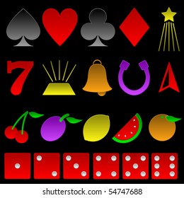 Collection of basic gambling symbols with beveled edges