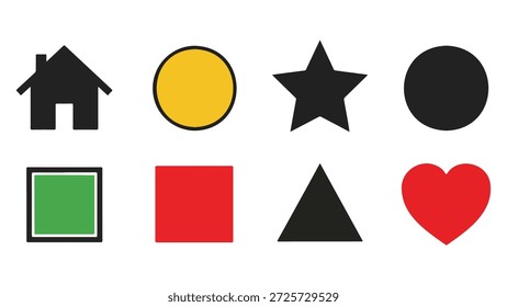 Colección de Formas geométricas básicas y símbolos sobre un fondo blanco aislado sobre fondo blanco, Vector, ilustración